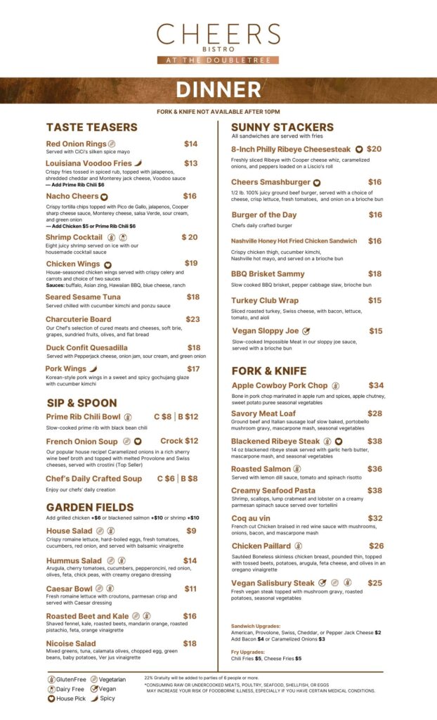 Cheers Bistro at the DoubleTree, Dinner Menu