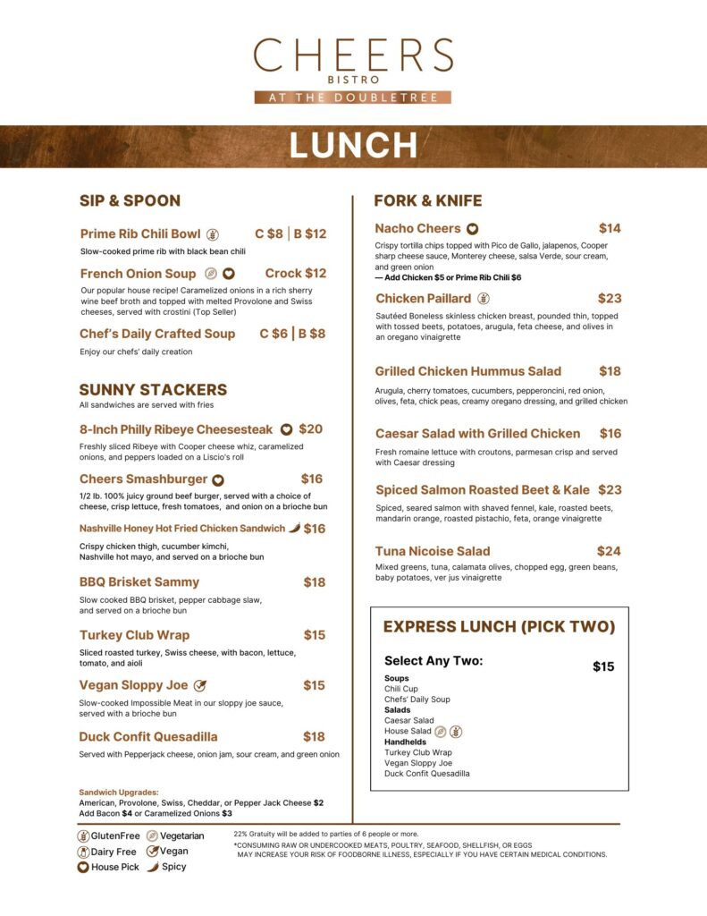 Cheers Bistro at the DoubleTree, Lunch Menu