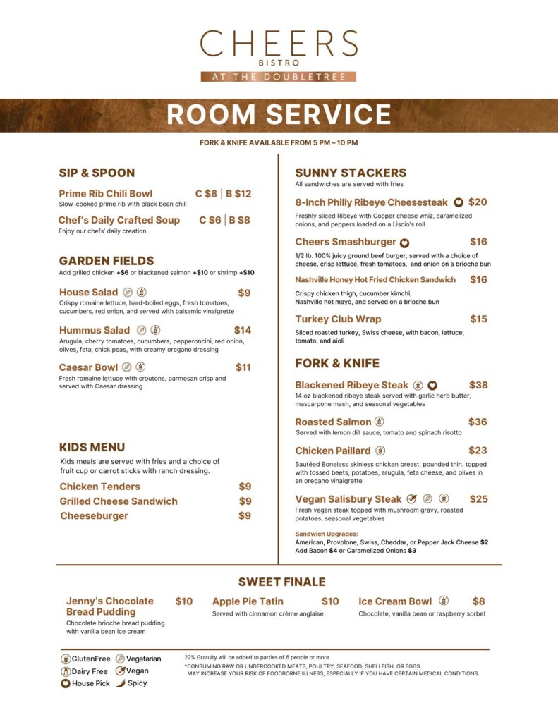 Cheers Bistro at the DoubleTree, Room Service Menu