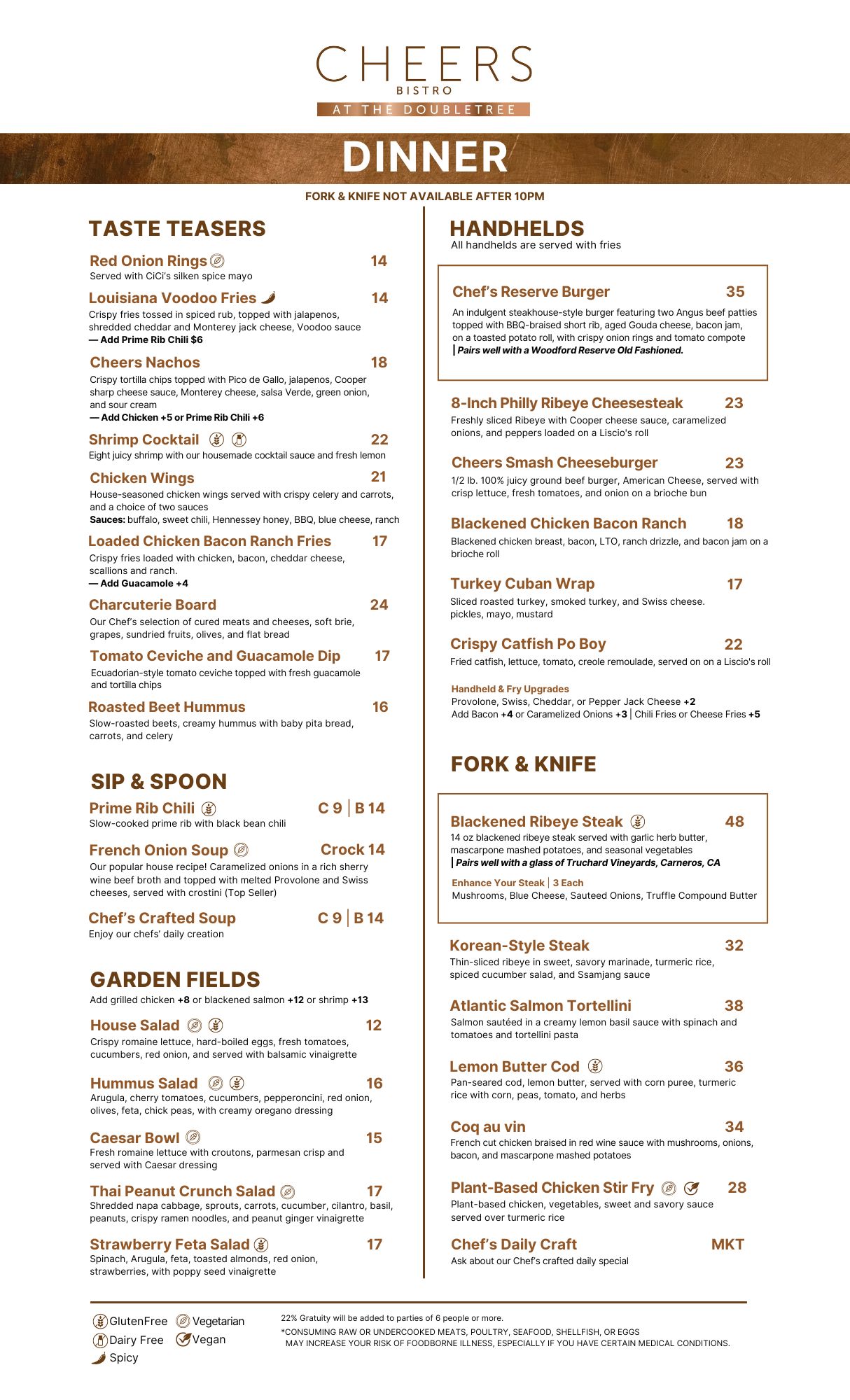 Cheers Bistro at the DoubleTree, Dinner Menu