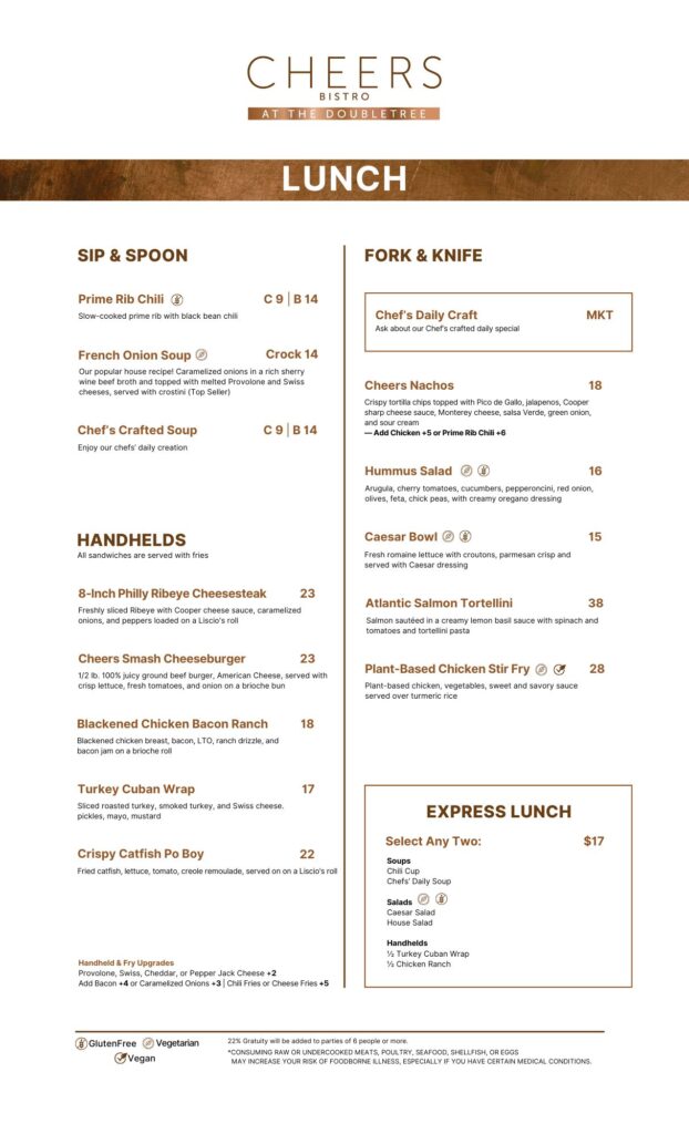 Cheers Bistro at the DoubleTree, Lunch Menu