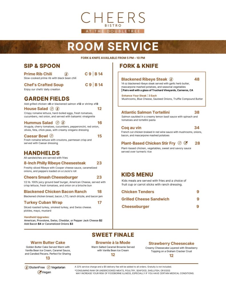 Cheers Bistro at the DoubleTree, Room Service Menu