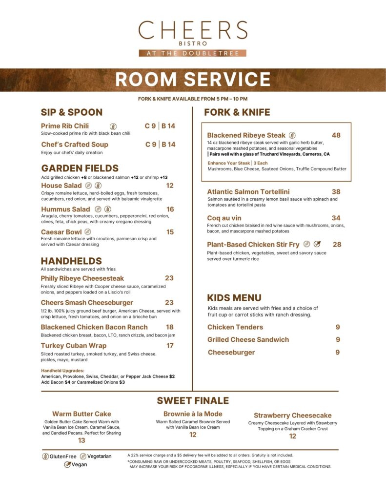 Cheers Bistro Room Service Menu